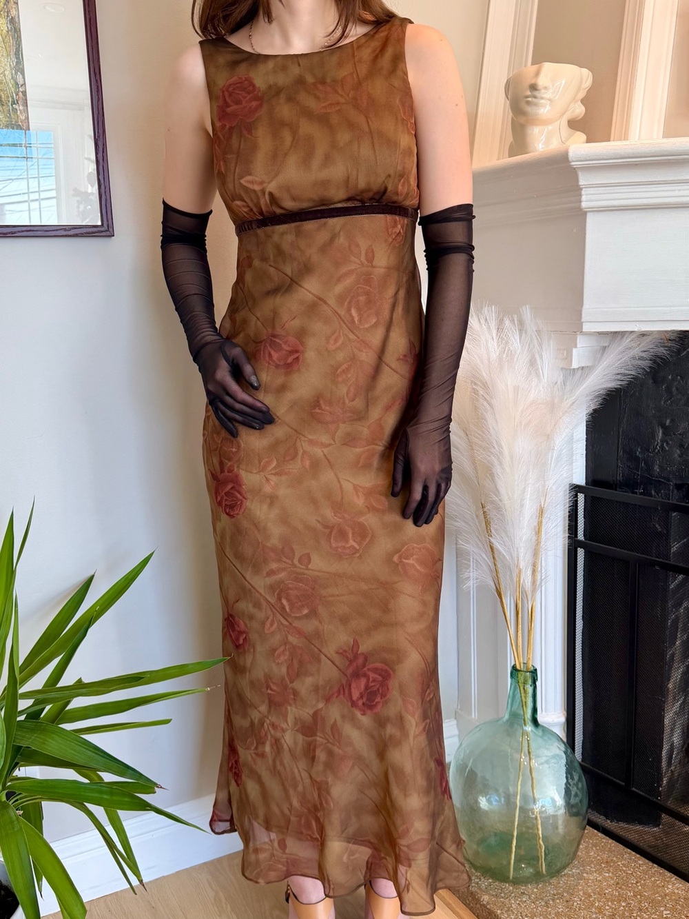 vintage 90s earthy floral formal dress sleeveless size S